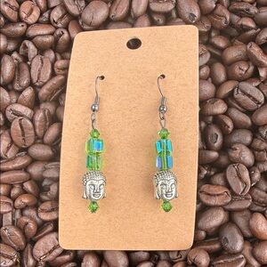 Silver Buddha Green Bead Dangle Earrings